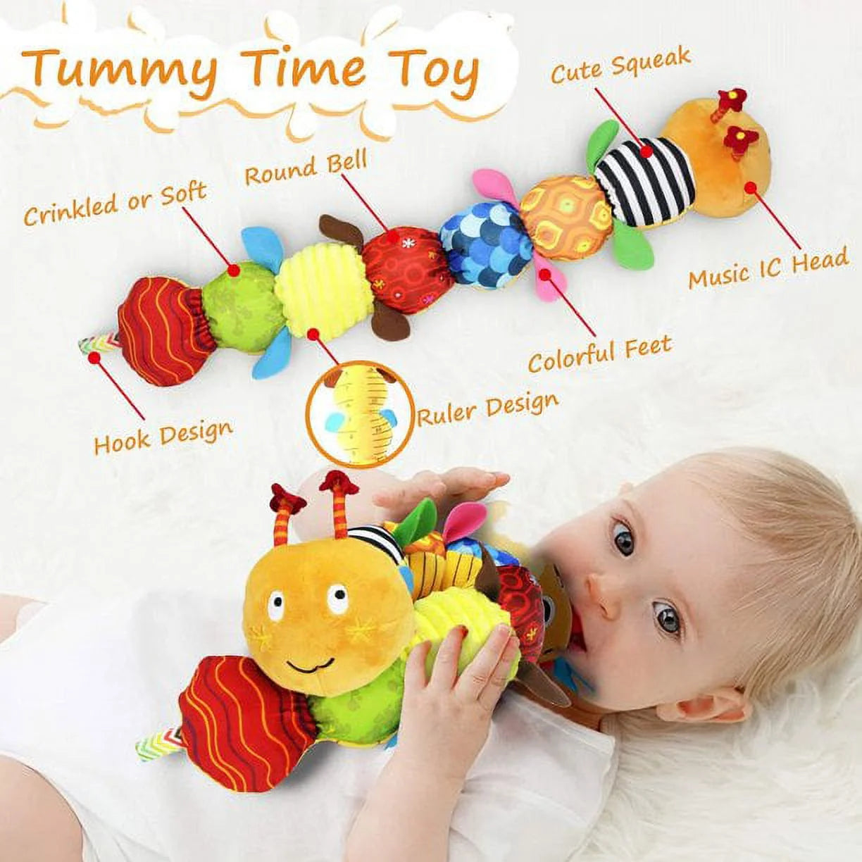 Baby Musical Caterpillar Plush Toy with Rattle Crinkle Squeaker,Tummy Time for 0-3-6-12 Months Boys Girls