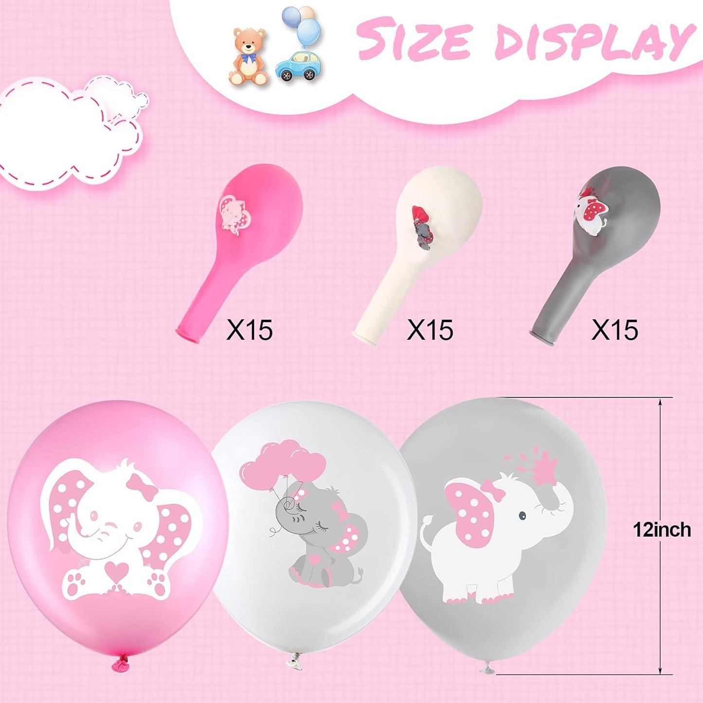 45 Pieces Elephant Balloon 12 Inch Baby Shower Elephant Balloon for Baby Boy Girl Gender Reveal Elephant Animal Themed Birthday Party Supplies Indoor Outdoor Decor (Pink, Gray, White)