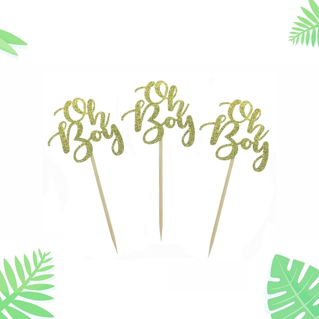 24PCS Oh Boy Gold Glitter Birthday Cupcake Toppers for Baby First Birthday Baby Shower Decoration