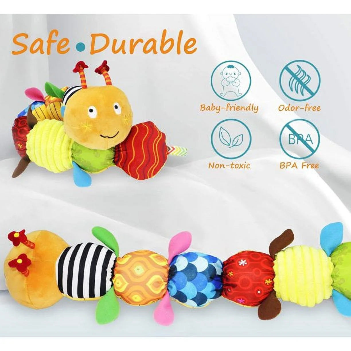 Baby Musical Caterpillar Plush Toy with Rattle Crinkle Squeaker,Tummy Time for 0-3-6-12 Months Boys Girls