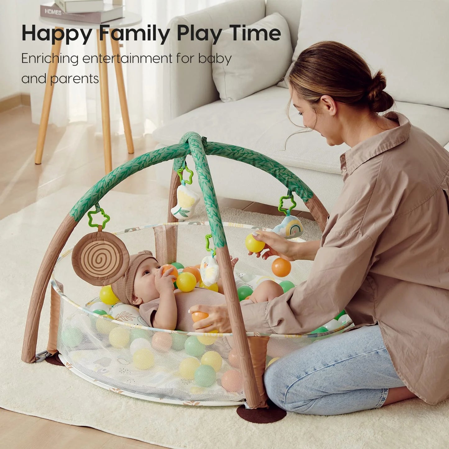 4-In-1 Baby Play Gym, Activity Gym Ball Pit with Detachable Anti-Slip Thickening Tummy Time Mat with Sensory Toys for Newborn Infant Toddler to Develop Motor and Cognition