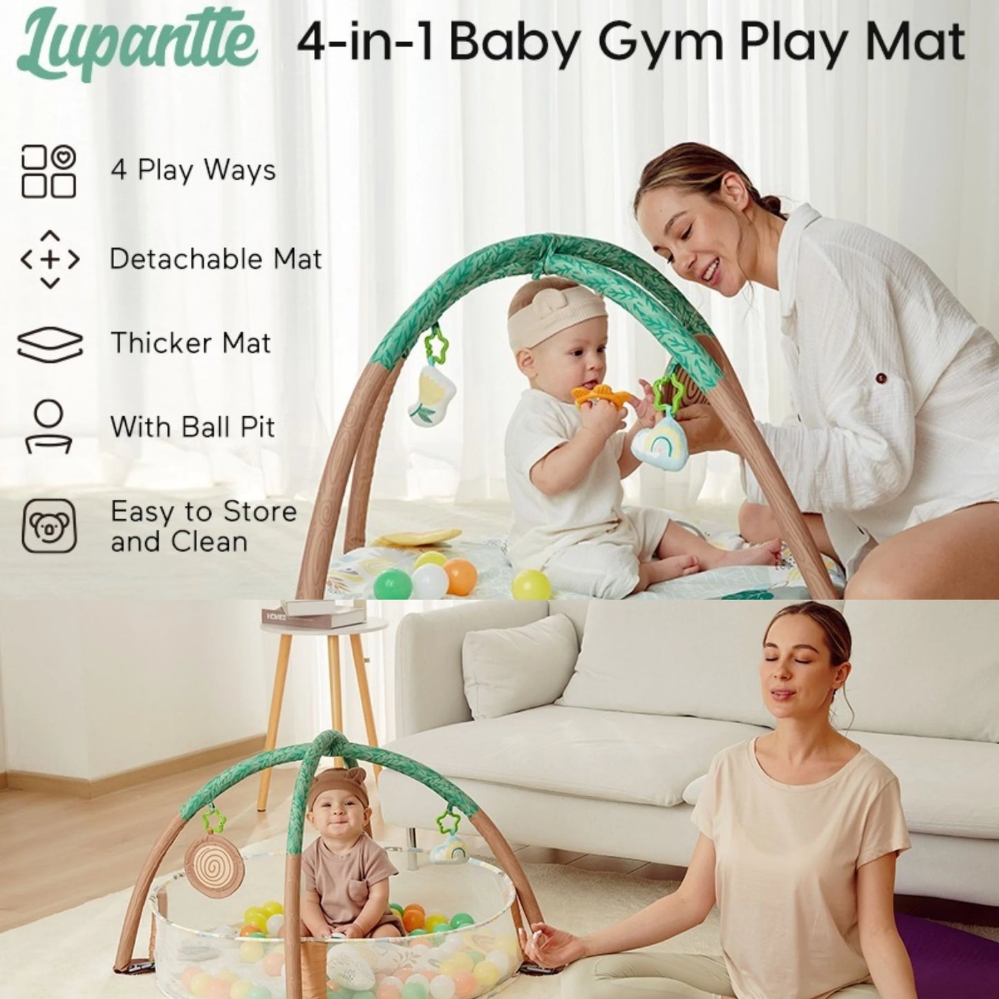 4-In-1 Baby Play Gym, Activity Gym Ball Pit with Detachable Anti-Slip Thickening Tummy Time Mat with Sensory Toys for Newborn Infant Toddler to Develop Motor and Cognition