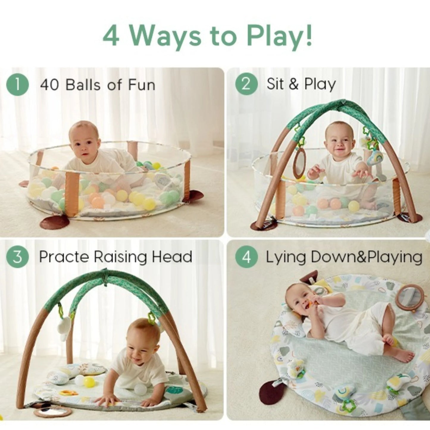 4-In-1 Baby Play Gym, Activity Gym Ball Pit with Detachable Anti-Slip Thickening Tummy Time Mat with Sensory Toys for Newborn Infant Toddler to Develop Motor and Cognition