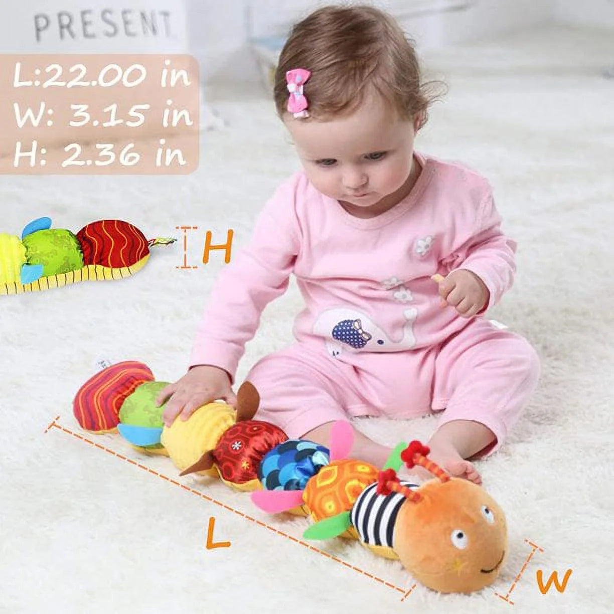 Baby Musical Caterpillar Plush Toy with Rattle Crinkle Squeaker,Tummy Time for 0-3-6-12 Months Boys Girls