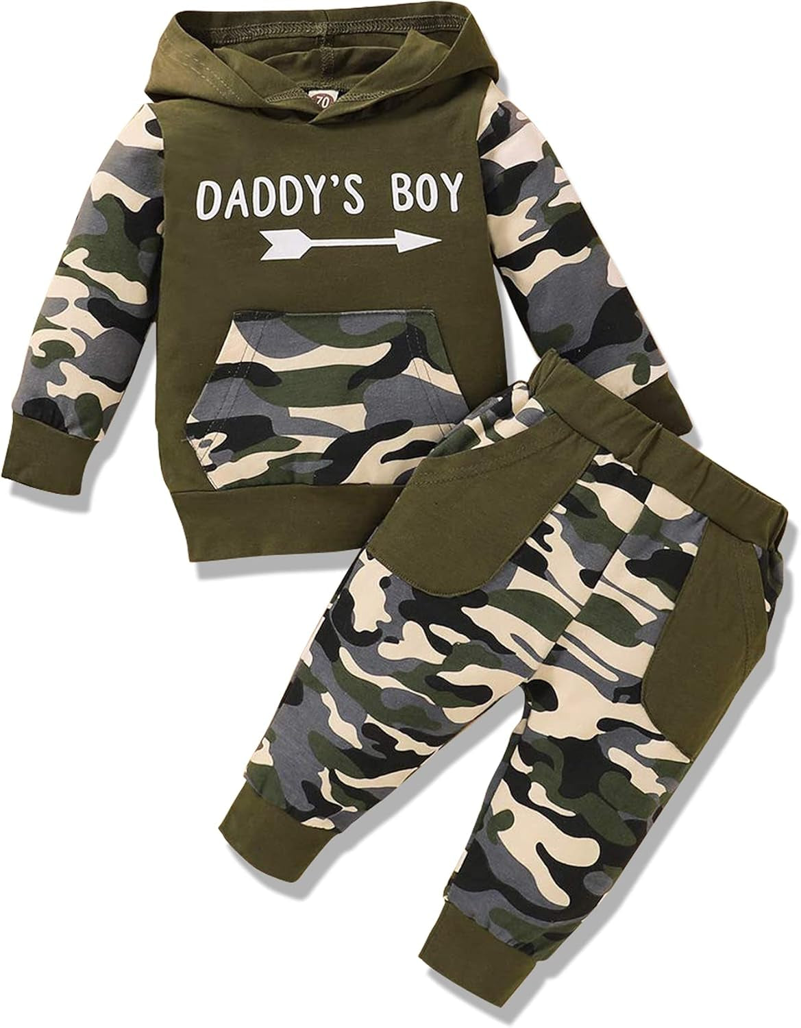 Baby Boy Clothes 2PCS Toddler Sweatshirt Hooded Classic Plaid Letter Printed Hoodies Camo Pants(Green,12-18 Months)