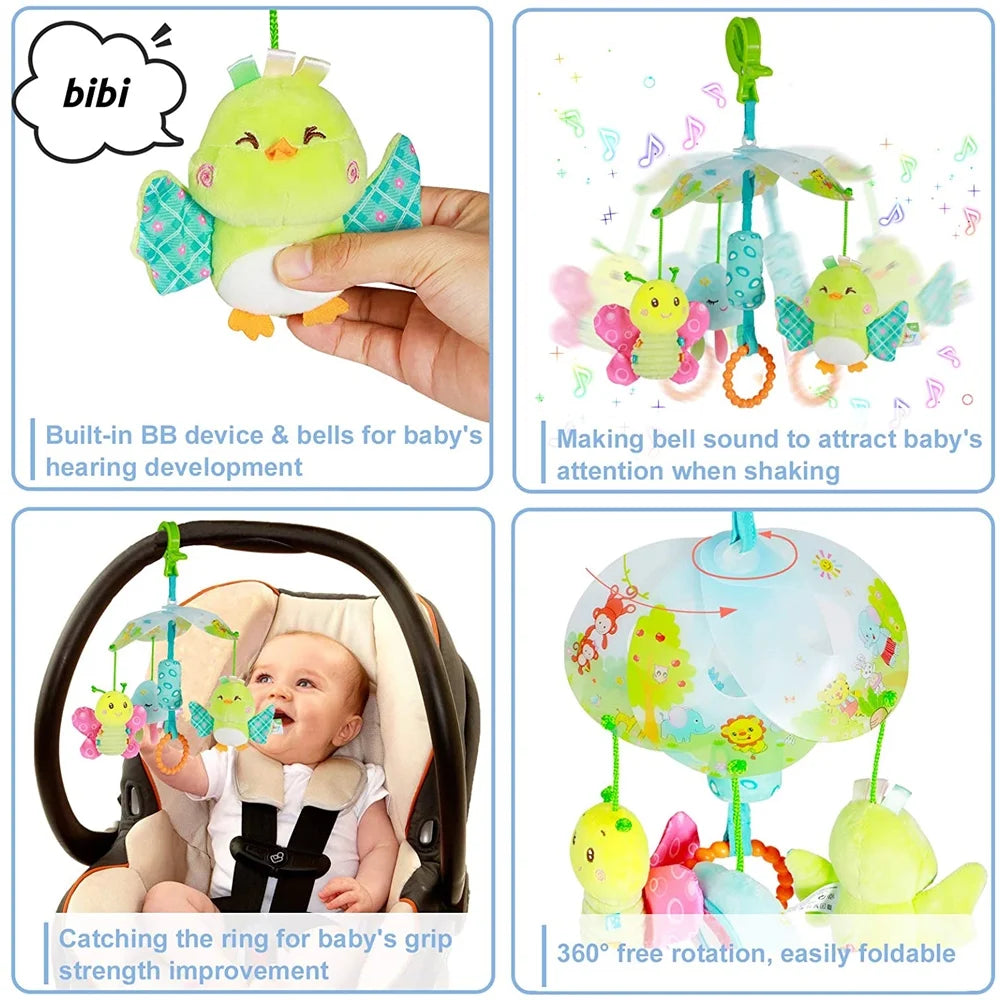 Baby Toys for 0 3 6 9 to 12 Months, Soft Hanging Crinkle Squeaky Sensory Learning Toy Infant Newborn Stroller Car Seat Crib Travel Activity Plush Animal Wind Chime with Teether for Boys Girls