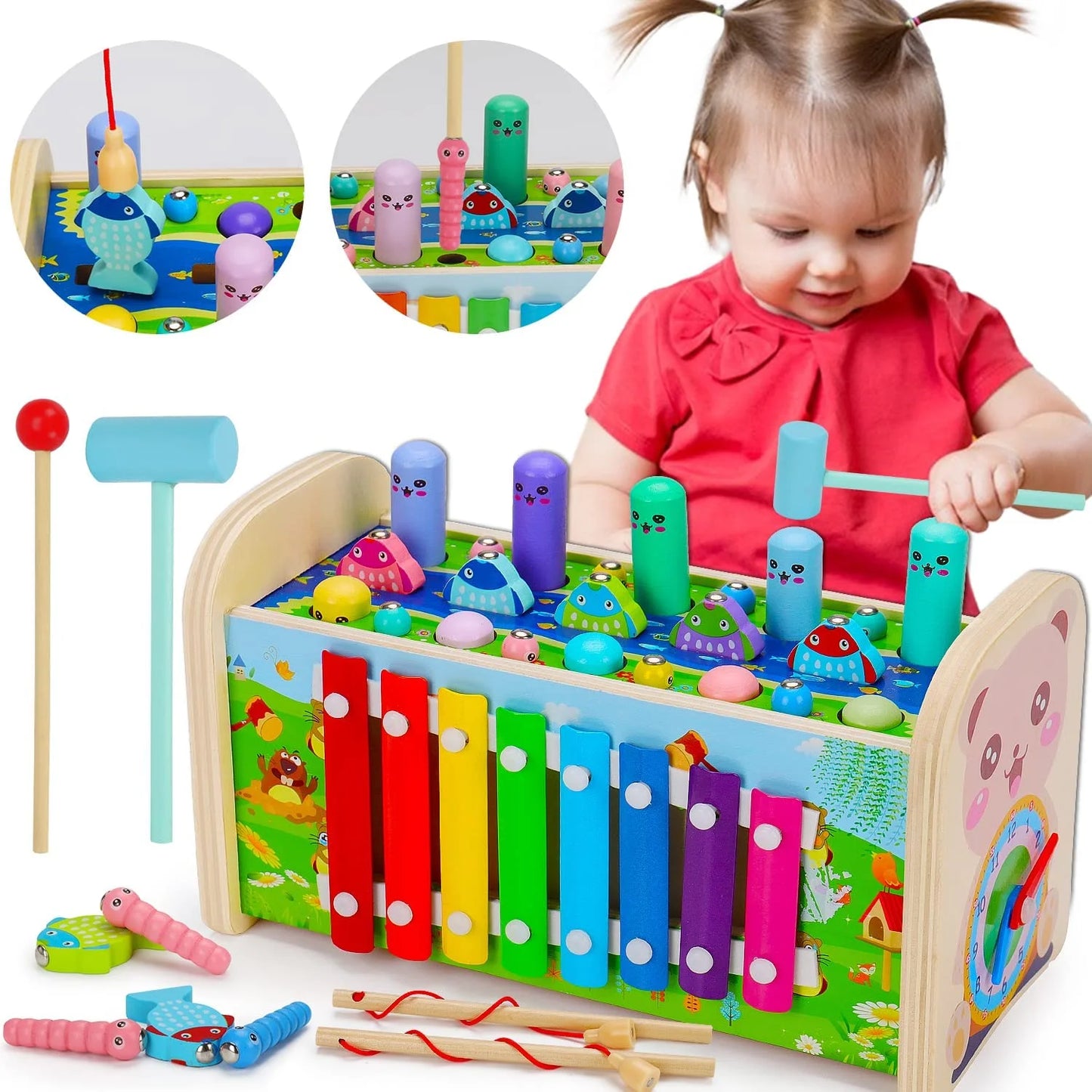 4 in 1 Hammering Pounding Toys Wooden Montessori Educational Fishing Game Xylophone Toy for 1 2 3 Year Old Baby Sensory Developmental Toy Fine Motor Skill Preschool Toddler Activities Age 1-2 2-4 Gift