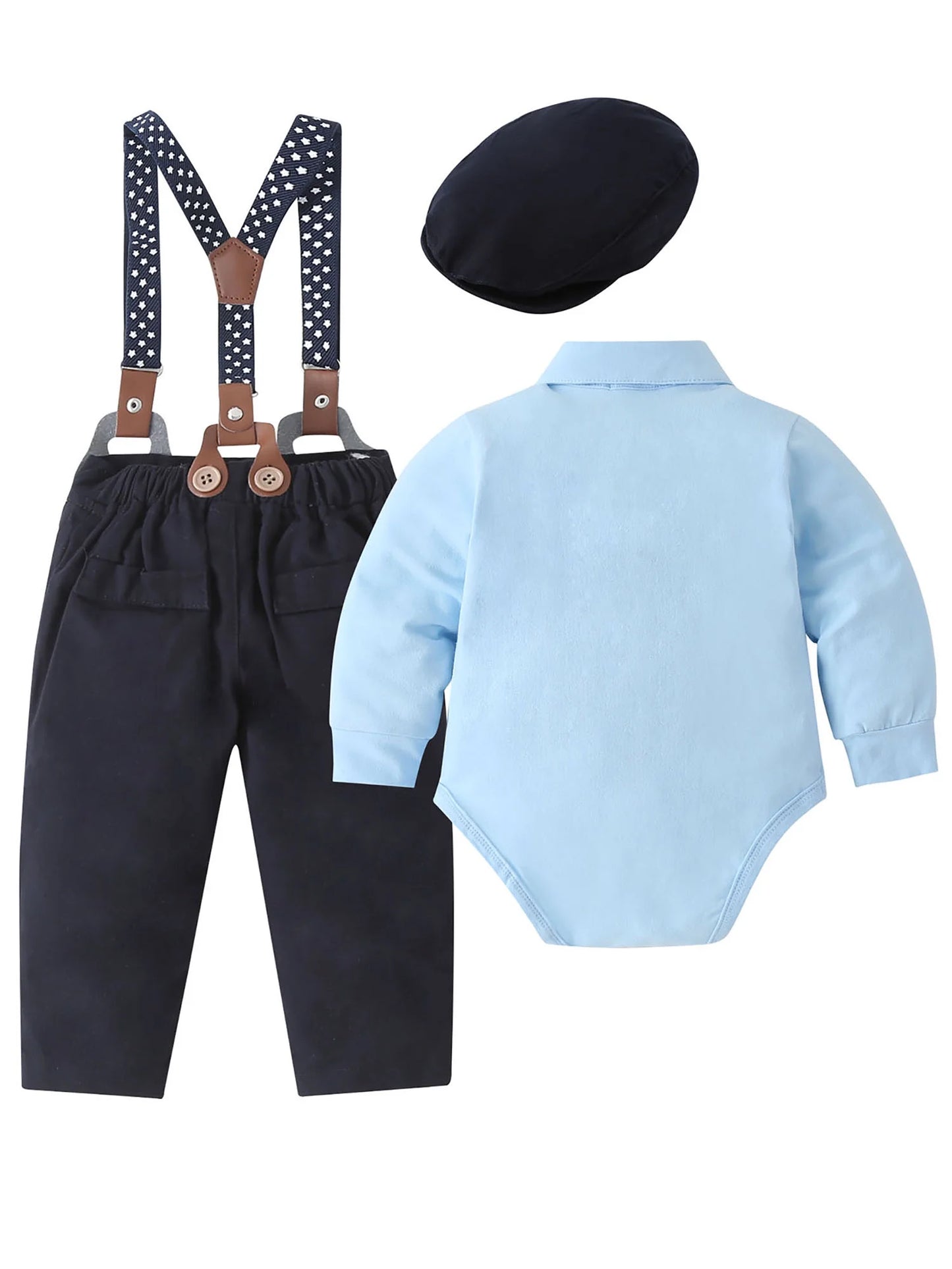 Baby Boy Clothes Infant Formal Outfit Set Cotton Fabric Shirt Bowtie Suspender Pants 0-24M