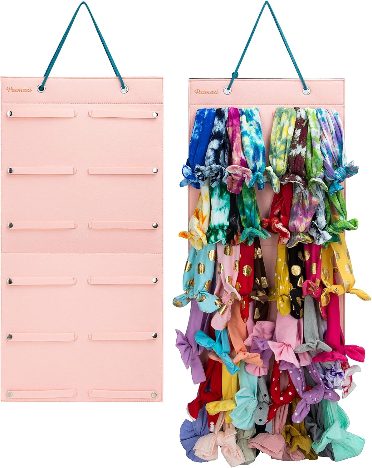 Hanging Baby Girl Headbands Storage Organizer, Newborn Headbands and Bows Holder(Small 12 Snap Band, Pink)