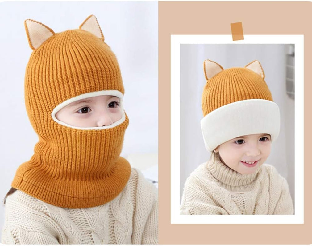 Cat Ear Baby Girls Boys Winter Hat Toddler Knitted Hood Scarf Beanies with Fleece Lining