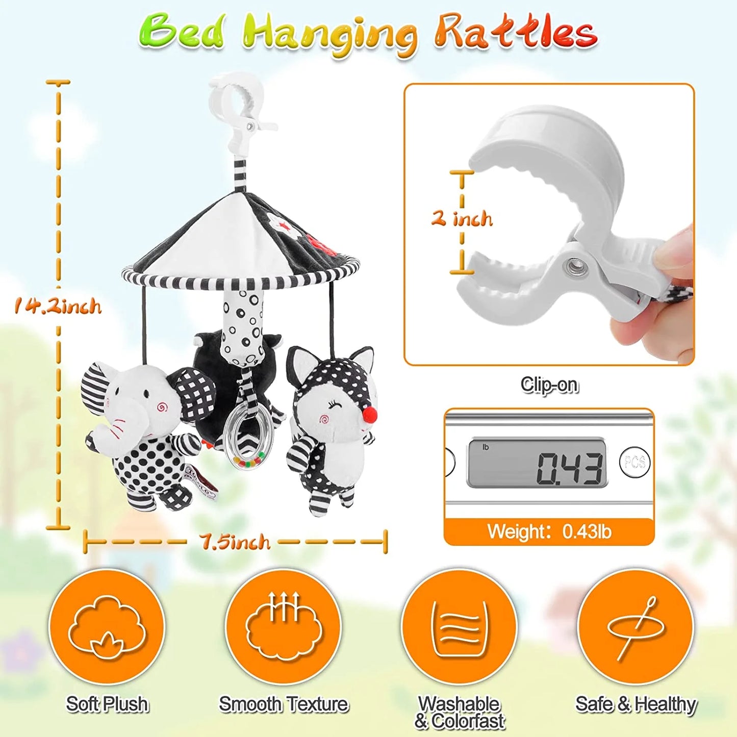 Baby Toys for 0 3 6 9 to 12 Month, Newborn Stroller Toys Hanging Baby Rattle Toys, Soft Plush Black and White High Contrast Sensory Toys, Baby Bed Crib Travel Car Seat Toy Infant Toys