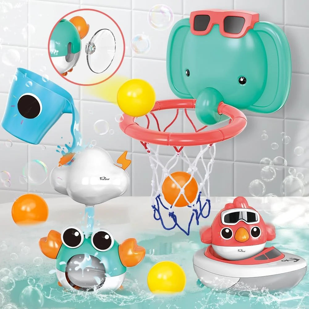 Baby Bath Toys, Elephant Basketball Hoop Bathroom Baby Toys for Babies Boys Girls, Baby Bathtub Playset with Bird, Crab, Clouds, Yacht Best Bath Gift for Toddlers 1-3