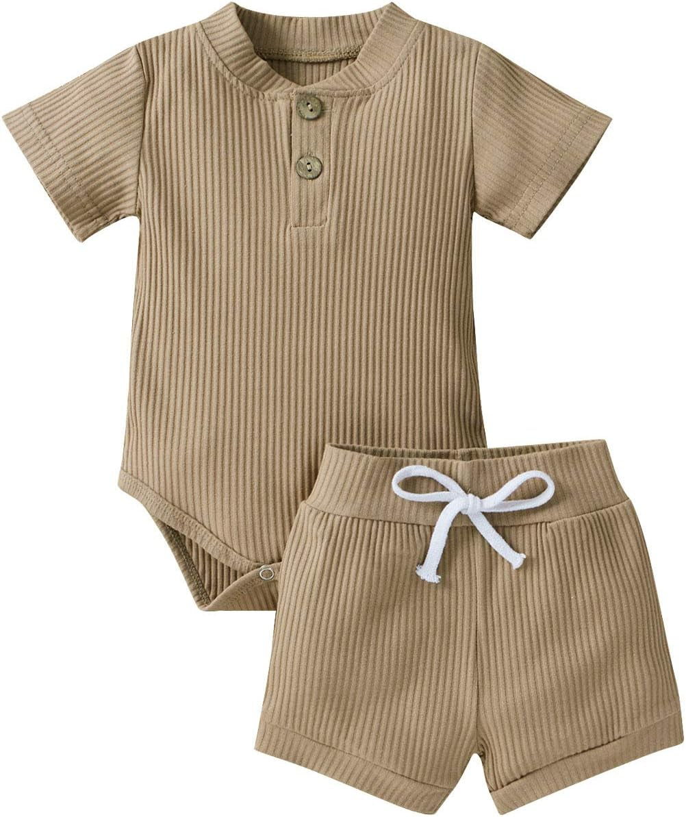 Newborn Infant Ribbed Knitted Outfit Neutral Baby Short Sleeve Clothes Suit for Boys 2Pcs 0-3 Months