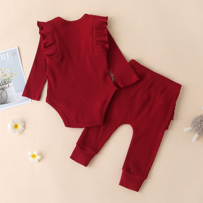 Baby Girl'S 3Pc Rib Frill Long Sleeve Romper and Pant Set