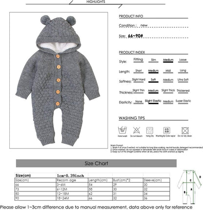 Newborn Baby Hooded Knitted Sweater Romper Fleece Lining Bodysuit Winter Snowsuit for Boy Girl