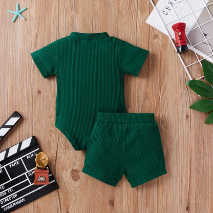 0-3 Months Summer Newborn Baby Boy Girl Clothes Set Outfits Unisex Infant Solid Cotton Button Short Sleeve Tops Shorts 2PCS