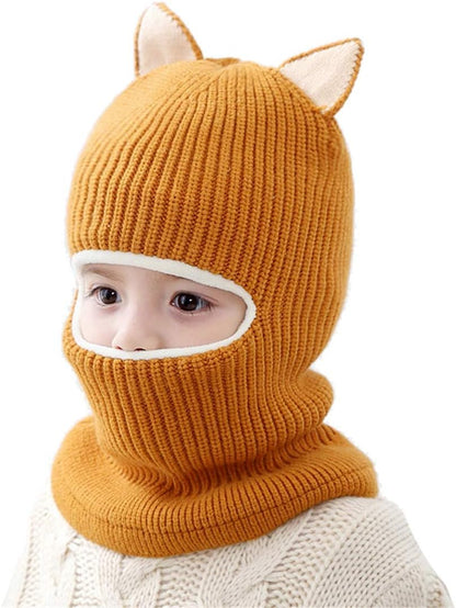 Cat Ear Baby Girls Boys Winter Hat Toddler Knitted Hood Scarf Beanies with Fleece Lining