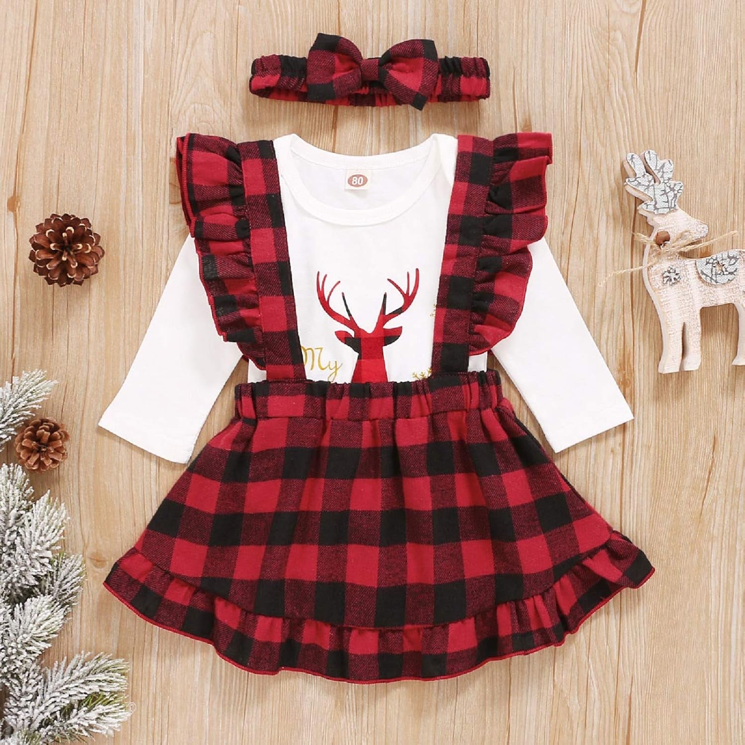 3Pcs Baby Girl My 1St Christmas Outfits Long Sleeve Shirt Dress Pants with Bowknot Headband Set