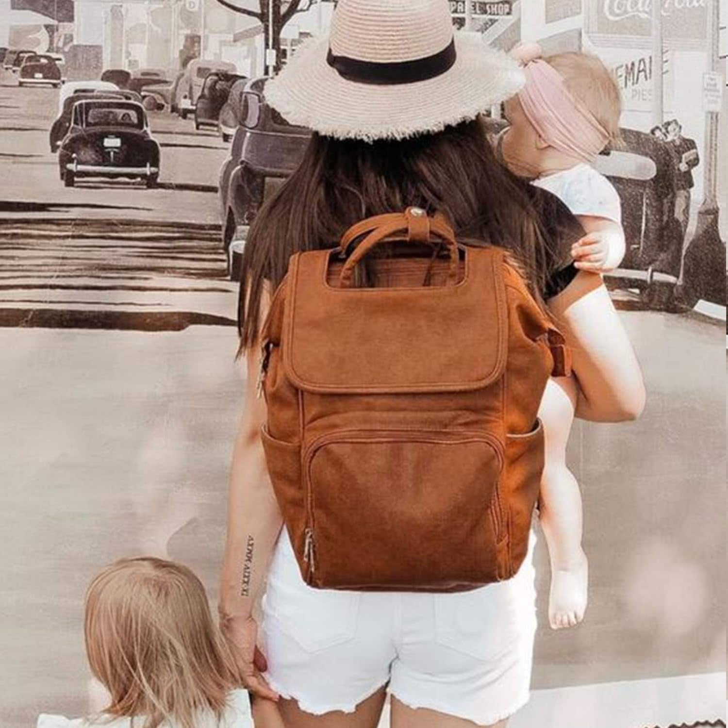 Leather Diaper Bag Backpack Travel Essentials Baby Tote with Changing Pad Pacifier Case 15 Pockets Multi-Functional Baby Diaper Bag Backpack Brown