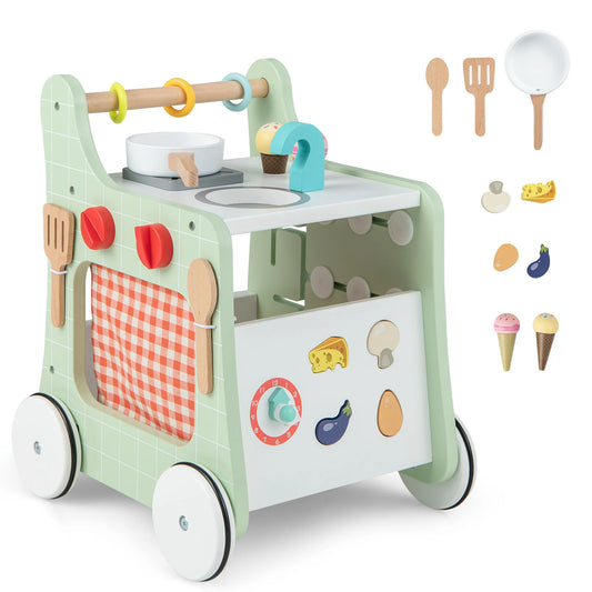 6-In-1 Baby Push Walker Wooden Strollers Learning Activity Center Toy with Kitchen 12+ Months+