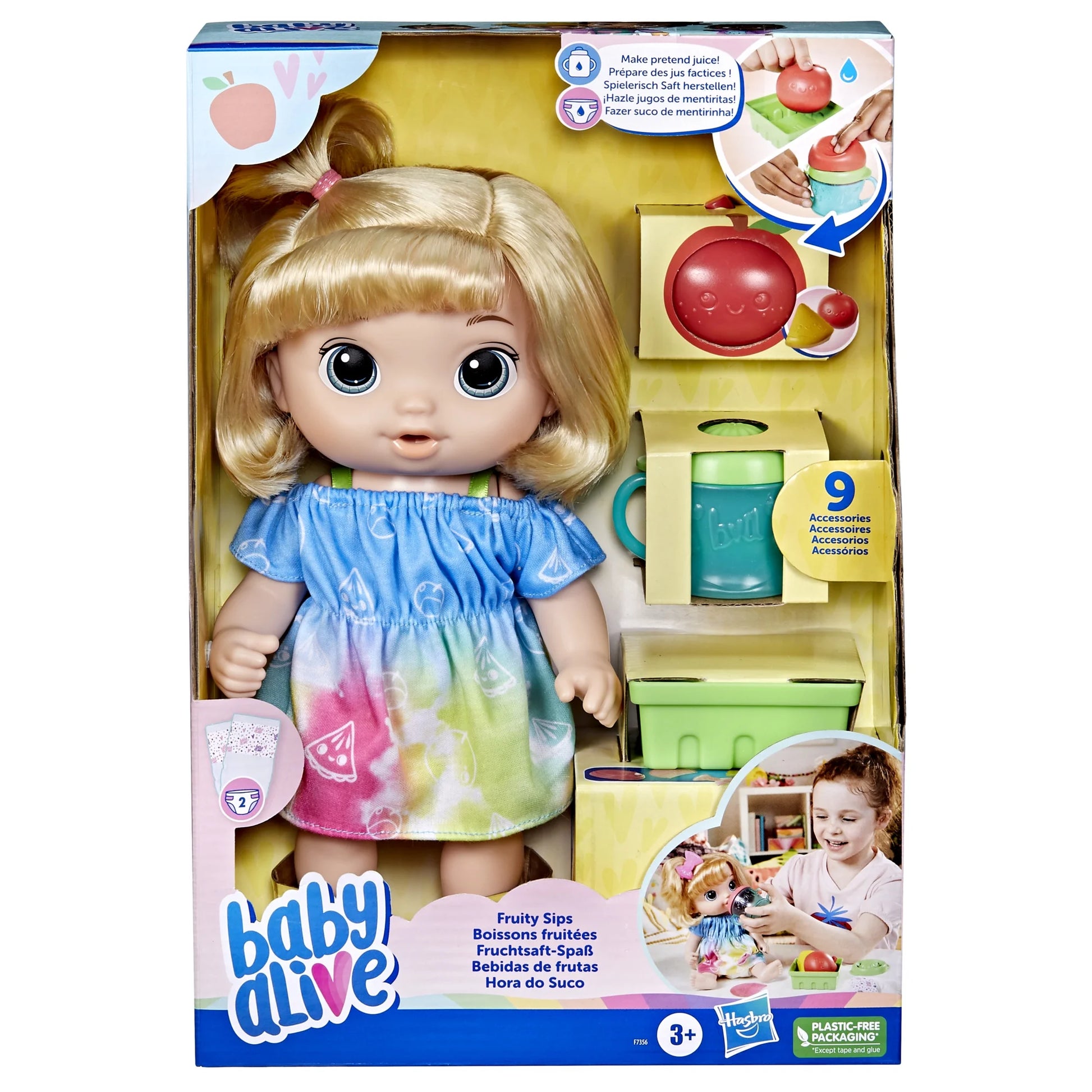 Fruity Sips Doll, Apple, Pretend Juicer Baby Doll Set, Kids 3 and Up, Blonde Hair