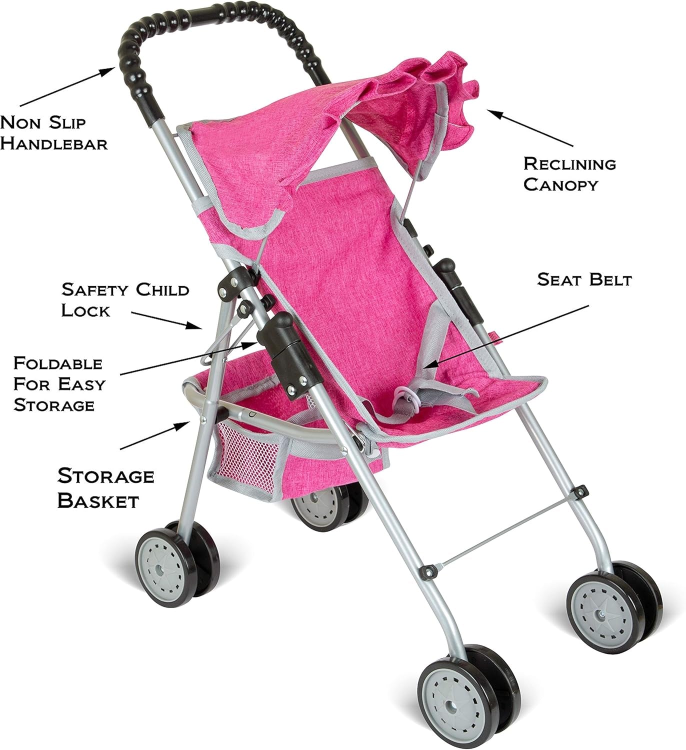 Doll Stroller with Basket, My First Denim Pink Foldable Baby Doll Umbrella Doll Stroller Fits Upto 18" Dolls, Gift Toys for Girls,Baby Doll Accessories Include 2 Free Magic Bottles