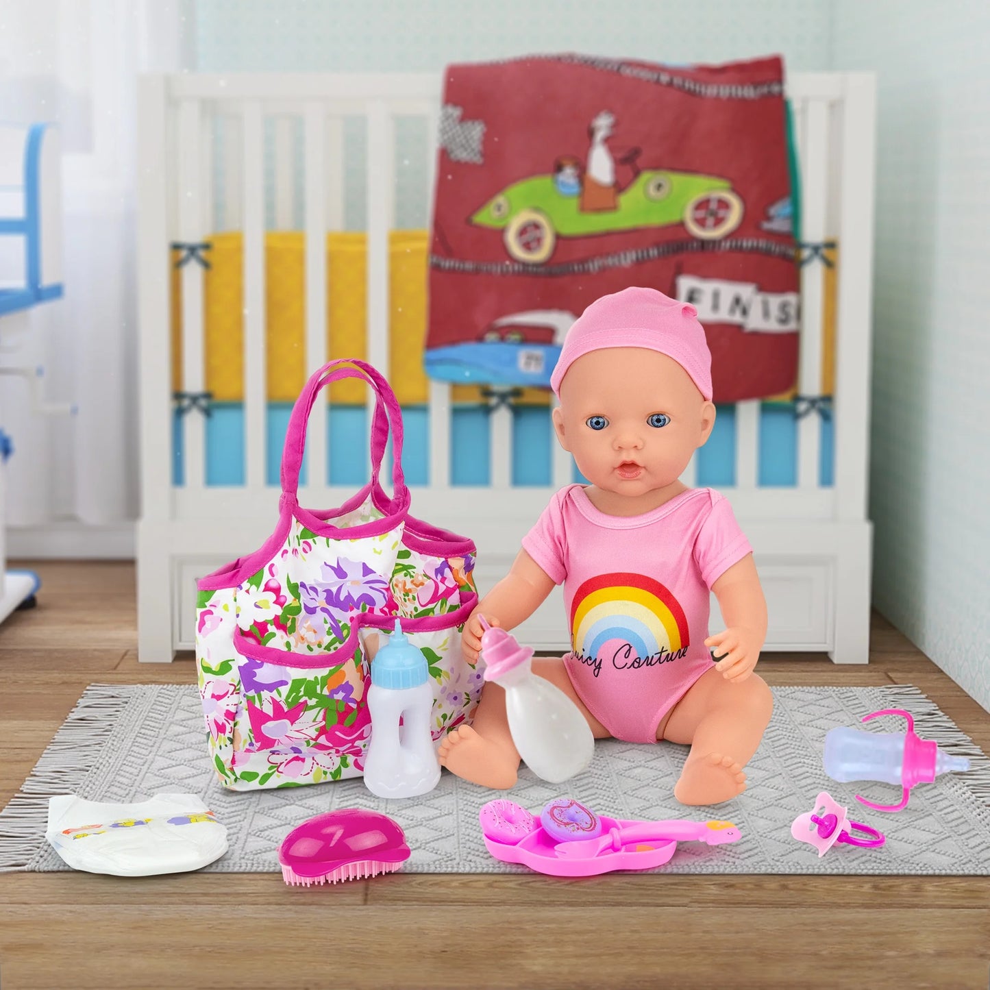 Baby Doll Accessories 13 Pcs Baby Doll Feeding and Caring Set Babies Pretend Doll Accessories Including Baby Doll Diaper Bag, Diapers, Clothes, Bottles, Dinner Plate, Pacifier and Comb