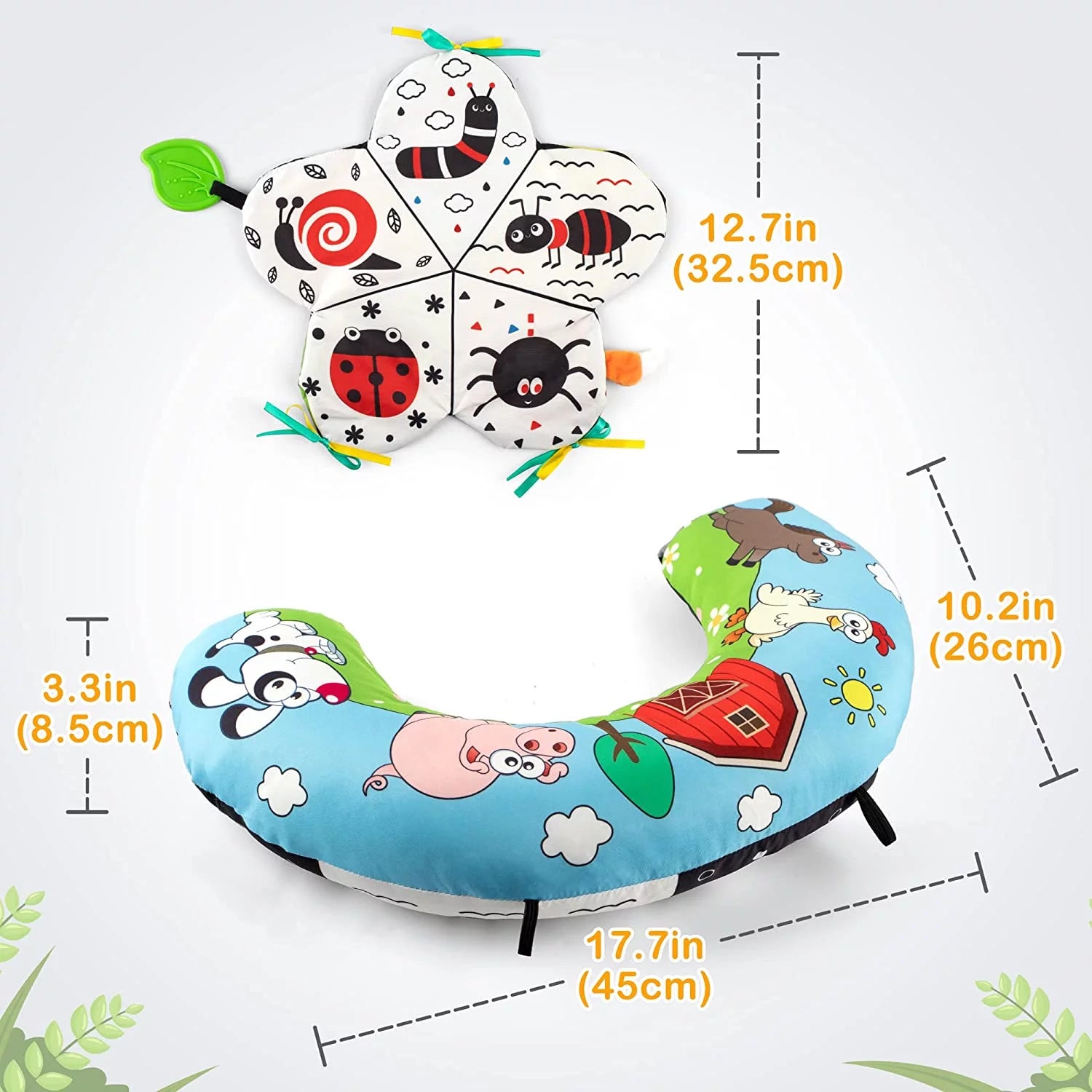 Tummy Time Pillow with 3D Crinkle Mat & Teethers, Black and White High Contrast Baby Toys with Mirror, Montessori Toy for Infant Newborn Toddler Tummy Time Pillow Toy 0-3 3-6 Month Babies Gift