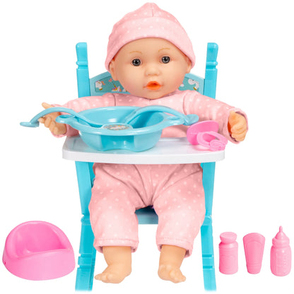 12.5In Realistic Baby Doll with Soft Body, Highchair, Potty, Pacifier, Bottle, 9 Accessories