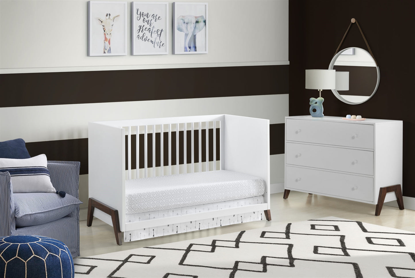 Mari Modern 3-In-1 Convertible Island Crib, White & Walnut, Wooden Crib