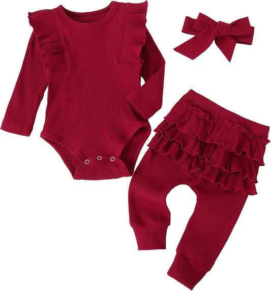 Baby Girl'S 3Pc Rib Frill Long Sleeve Romper and Pant Set