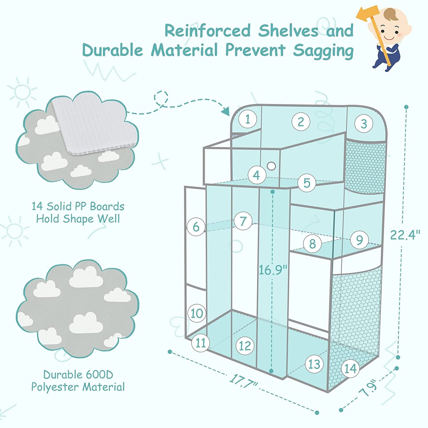 XL Changing Table Organizer, Hanging Diaper Organizer for Cirb, Pack N Play Diaper Holder, Baby Accessories for Crib, Baby Essentials for Newborn, Baby Shower Gifts(Grey Cloud)