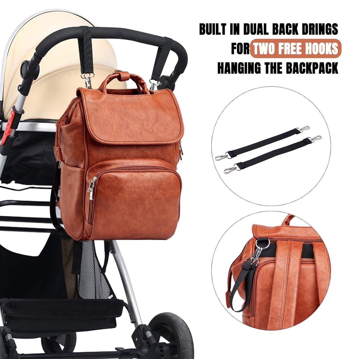 Leather Diaper Bag Backpack Travel Essentials Baby Tote with Changing Pad Pacifier Case 15 Pockets Multi-Functional Baby Diaper Bag Backpack Brown