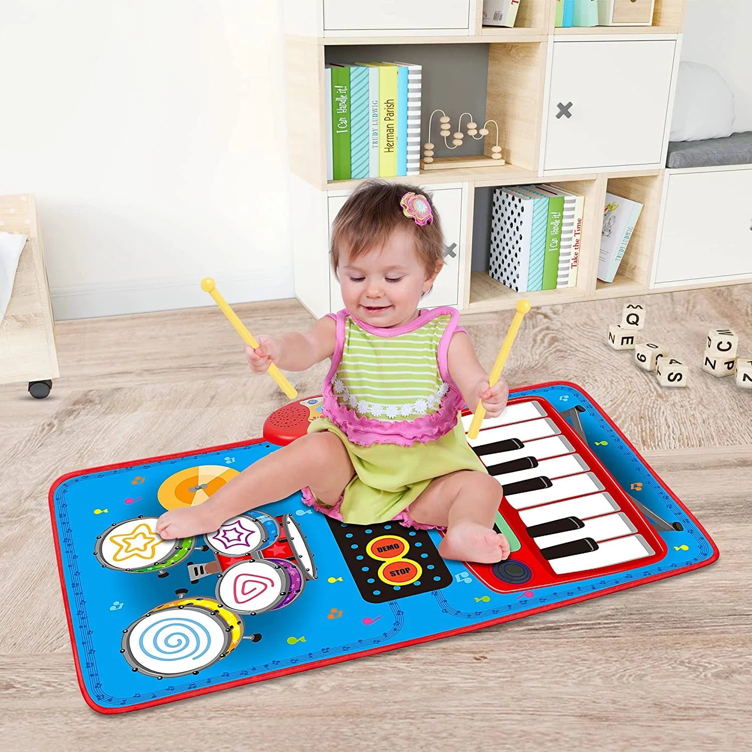 Baby Toys for 1 Year Old Boys & Girls, 2 in 1 Musical Toys, Toddler Piano & Electronic Drum Mat with 2 Sticks, Learning Floor Blanket, Birthday Gifts for 1 2 3 Year Old Boys & Girls