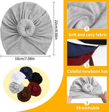 6 Pieces Baby Turbans Baby Hat Headbands Bows Newborn Beanie Nursery Head Wrap Soft Cute Toddler Cap for 0-3 Years Girls Baby (Classic Colors)