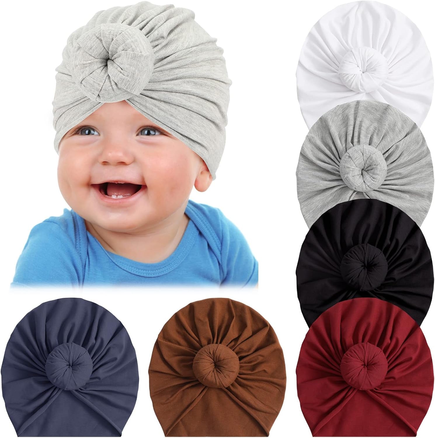 6 Pieces Baby Turbans Baby Hat Headbands Bows Newborn Beanie Nursery Head Wrap Soft Cute Toddler Cap for 0-3 Years Girls Baby (Classic Colors)