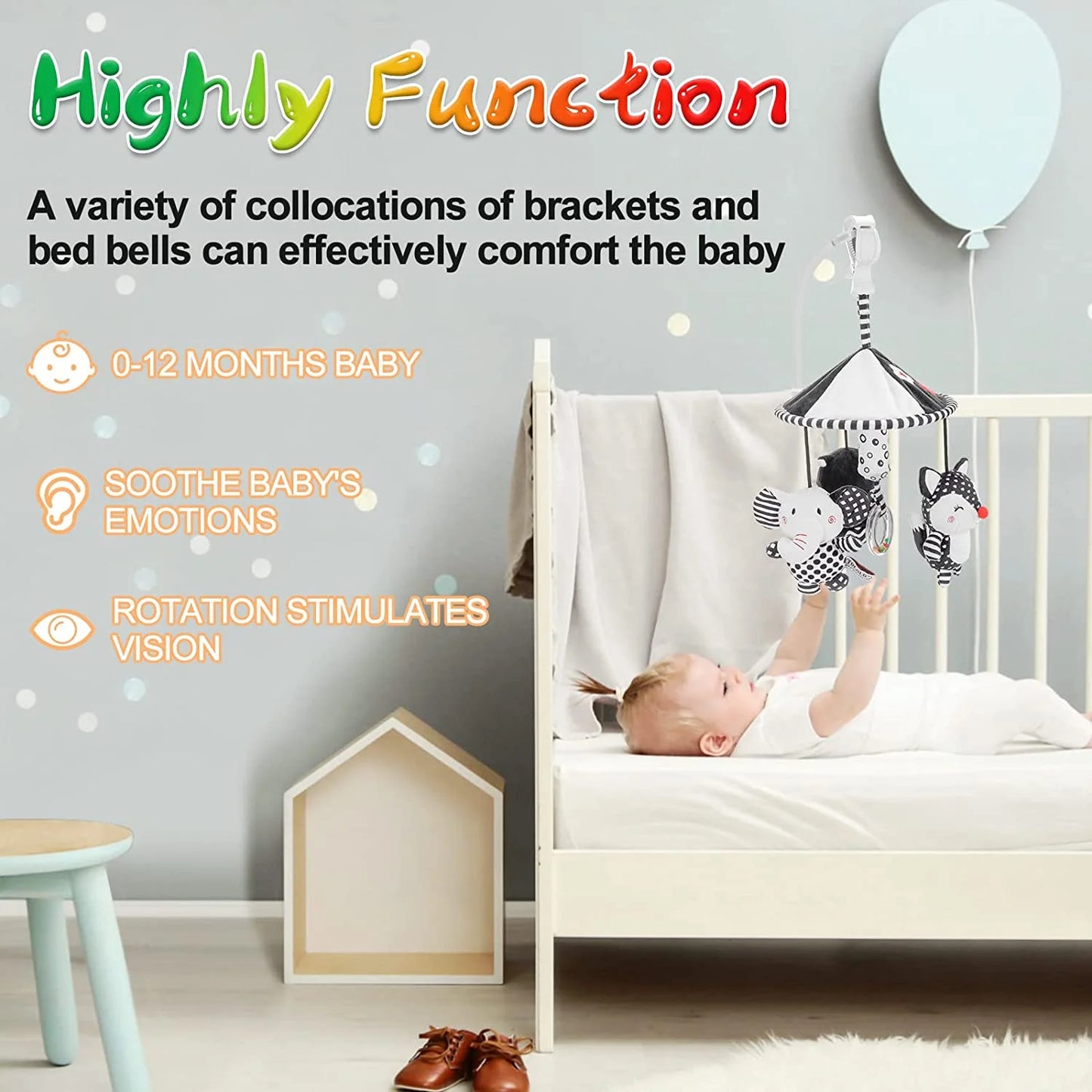 Baby Toys for 0 3 6 9 to 12 Month, Newborn Stroller Toys Hanging Baby Rattle Toys, Soft Plush Black and White High Contrast Sensory Toys, Baby Bed Crib Travel Car Seat Toy Infant Toys