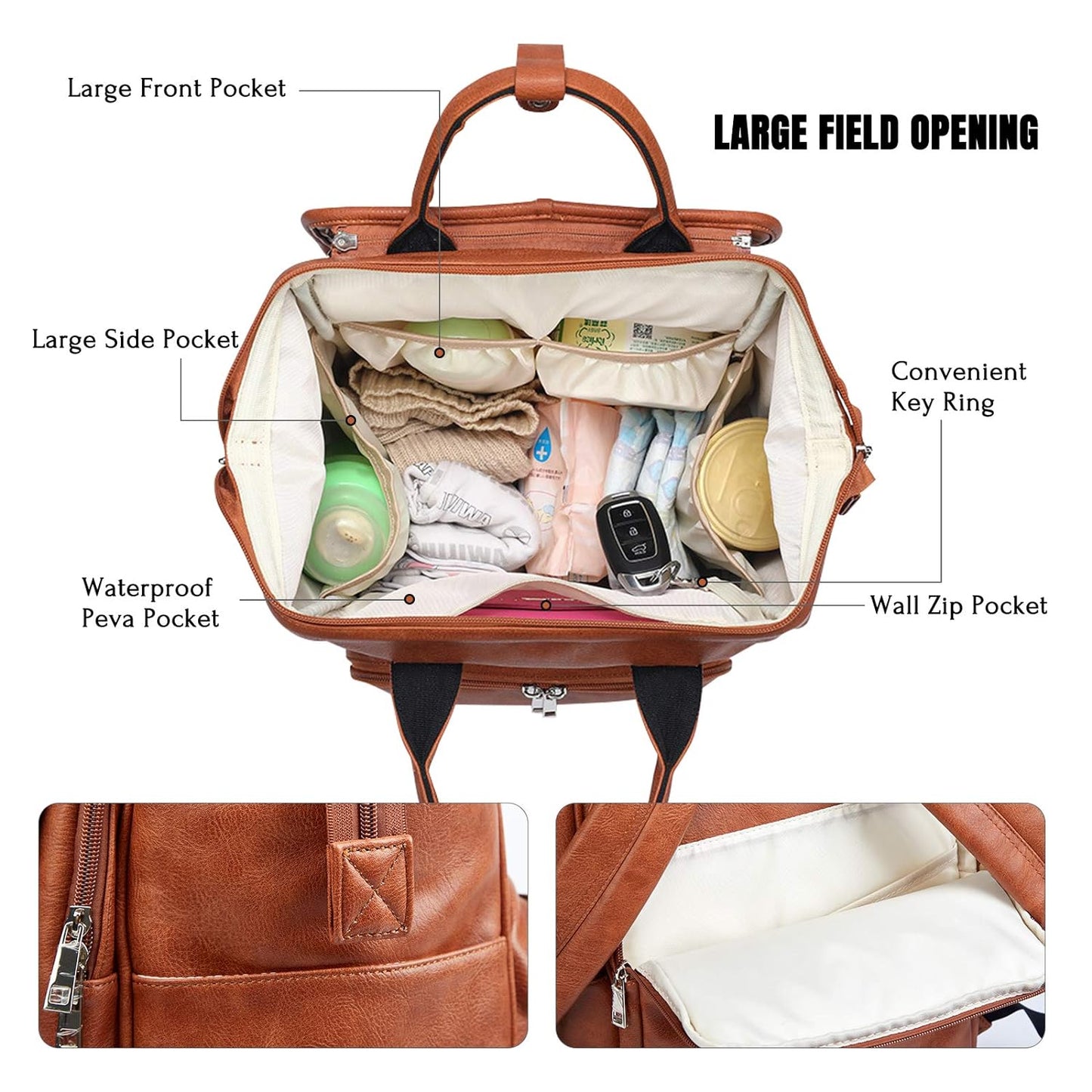 Leather Diaper Bag Backpack Travel Essentials Baby Tote with Changing Pad Pacifier Case 15 Pockets Multi-Functional Baby Diaper Bag Backpack Brown