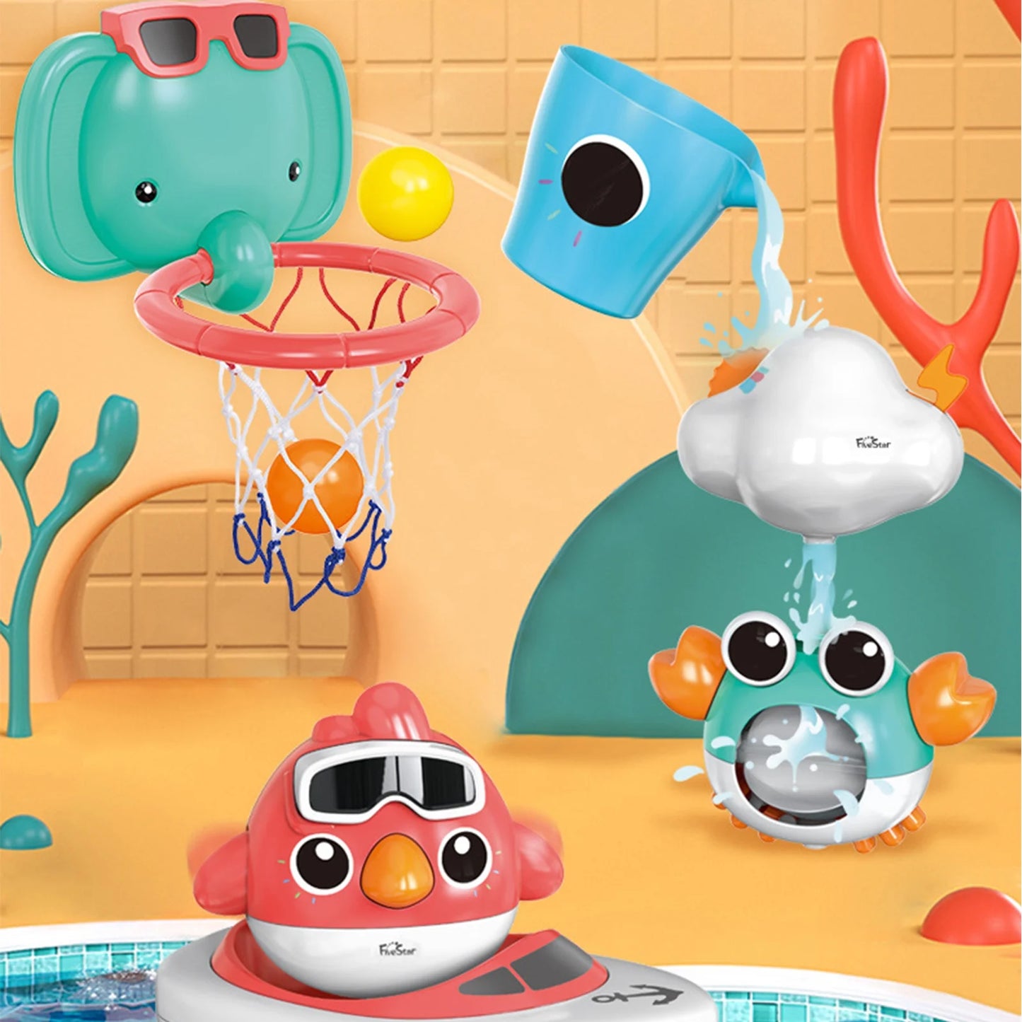 Baby Bath Toys, Elephant Basketball Hoop Bathroom Baby Toys for Babies Boys Girls, Baby Bathtub Playset with Bird, Crab, Clouds, Yacht Best Bath Gift for Toddlers 1-3