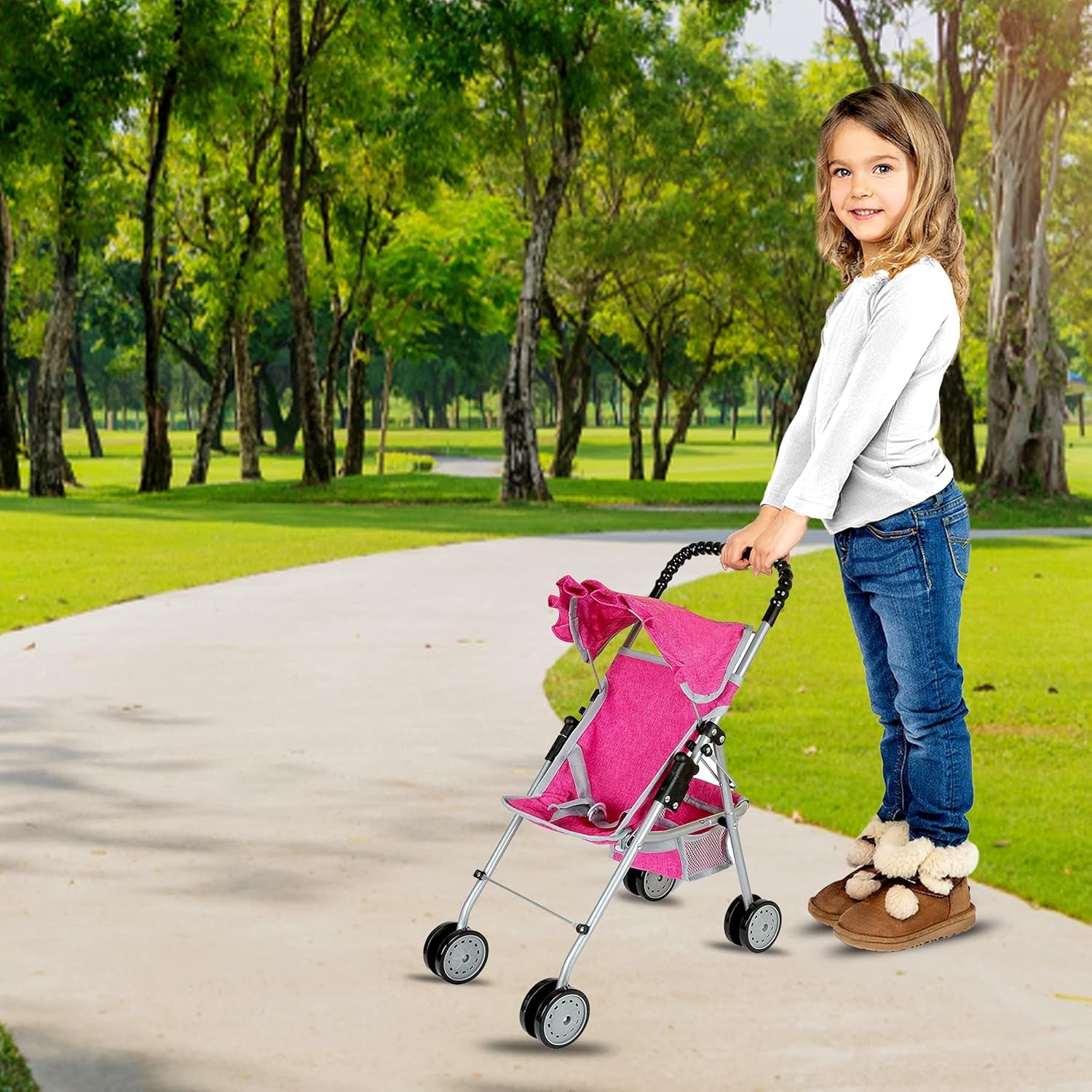 Doll Stroller with Basket, My First Denim Pink Foldable Baby Doll Umbrella Doll Stroller Fits Upto 18" Dolls, Gift Toys for Girls,Baby Doll Accessories Include 2 Free Magic Bottles