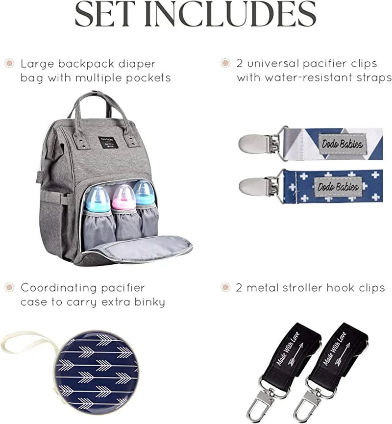 Diaper Bag Backpack with 2 Pacifier Clips, Pacifier Case, and Waterproof Nappy Bags