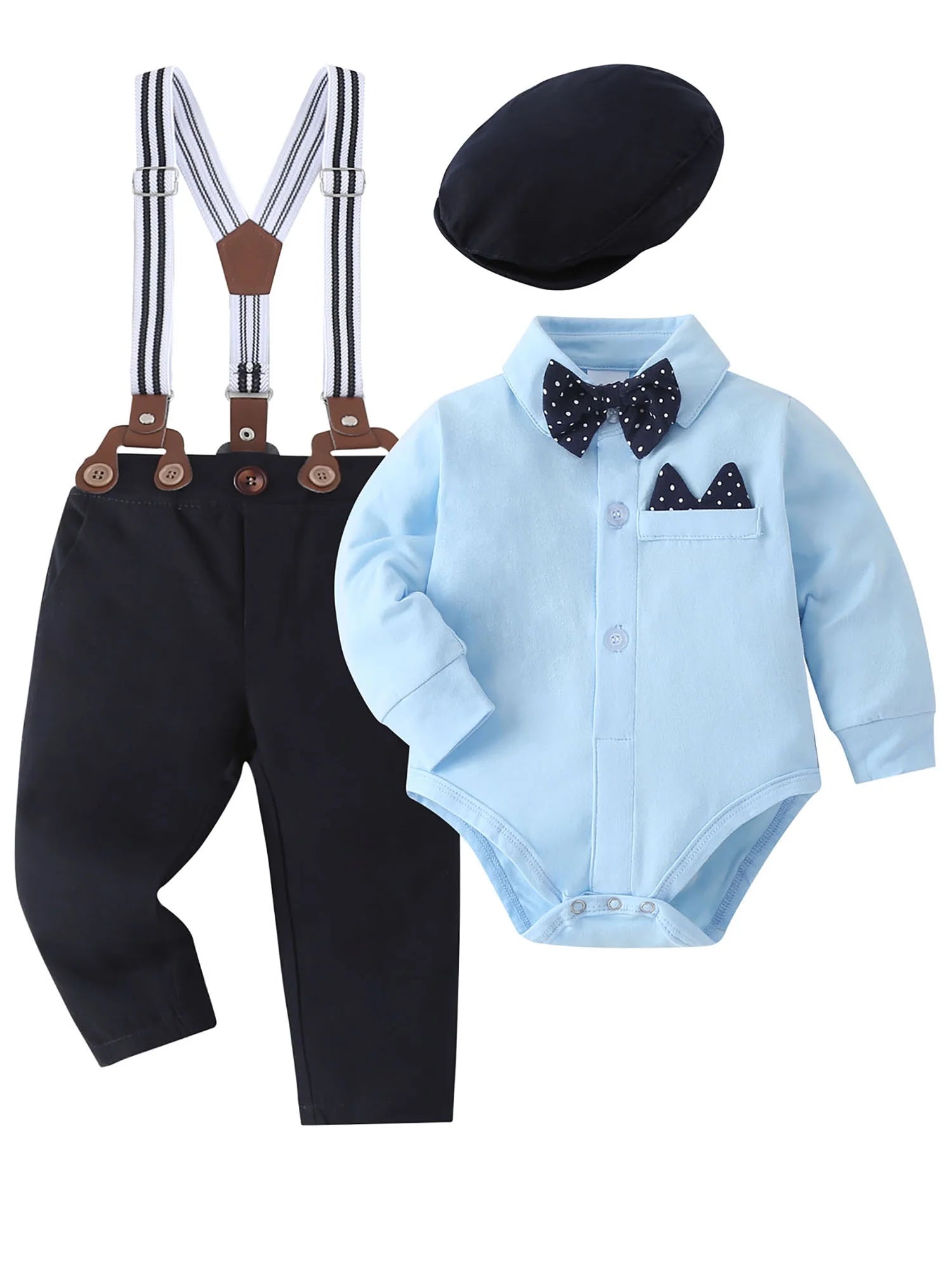 Baby Boy Clothes Infant Formal Outfit Set Cotton Fabric Shirt Bowtie Suspender Pants 0-24M