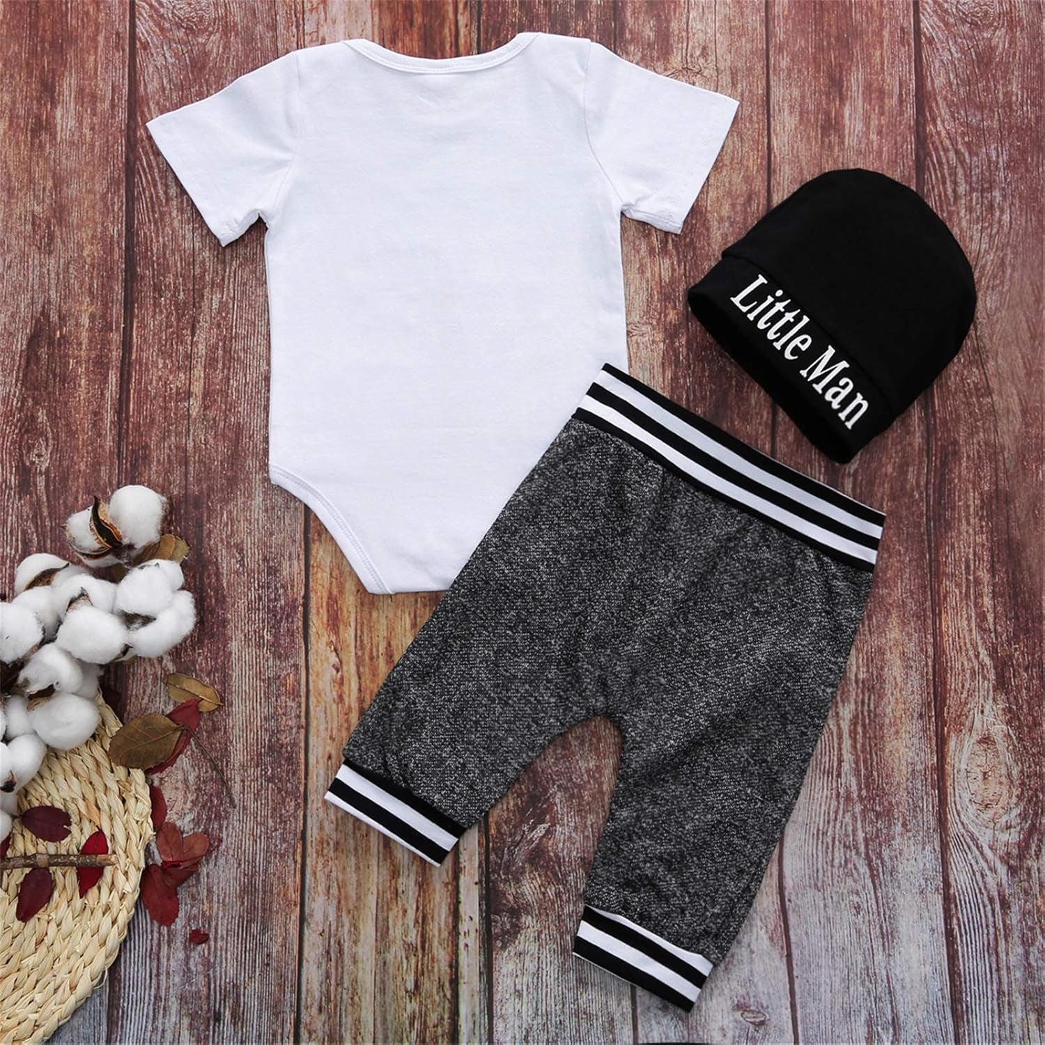 Baby Boy Clothes Stuff Infant Summer 3 Piece Outfits Newborn Cute Letter Printed Romper Short Sleeve + Pants + Hat New to the Crew White Grey 3-6 Months 80CM