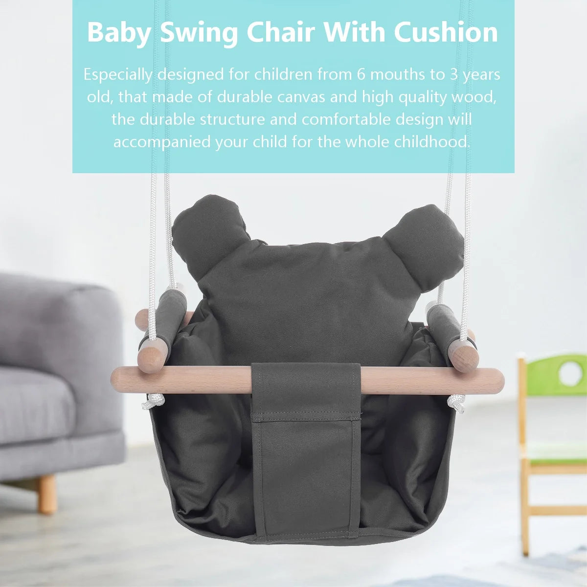 Secure Baby Hanging Swing Seat Chair for Toddler, Baby Swings for Infants, Secure Indoor & Outdoor Hammock Toy, Canvas Toddler Swing with Soft Backrest Cushion and PE Rope, Baby Hammock Chair (Grey)