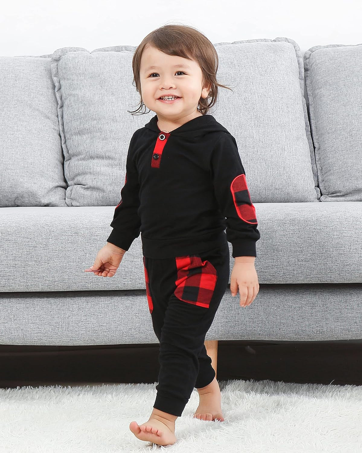 Baby Boy Clothes 2PCS Toddler Sweatshirt Hooded Classic Plaid Letter Printed Hoodies Camo Pants(Black,2-3T)