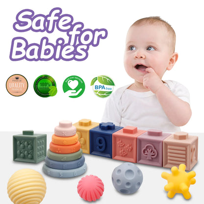 Montessori Toys for Babies,3 in 1 Baby Toys,Soft Stacking Building Blocks Rings Balls Sets,Soft Sensory Toys for Babies 0-6 Months,Child Teething Toys for 1-3 Year Old Gift