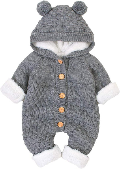 Newborn Baby Hooded Knitted Sweater Romper Fleece Lining Bodysuit Winter Snowsuit for Boy Girl