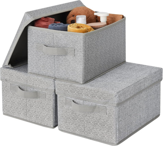 Closet Storage Bins, Fabric Boxes with Lids, Shelf Baskets for Closet Organization, Stackable Storage Containers Storage Baskets for Organizing, Gray, Medium, 3-Pack