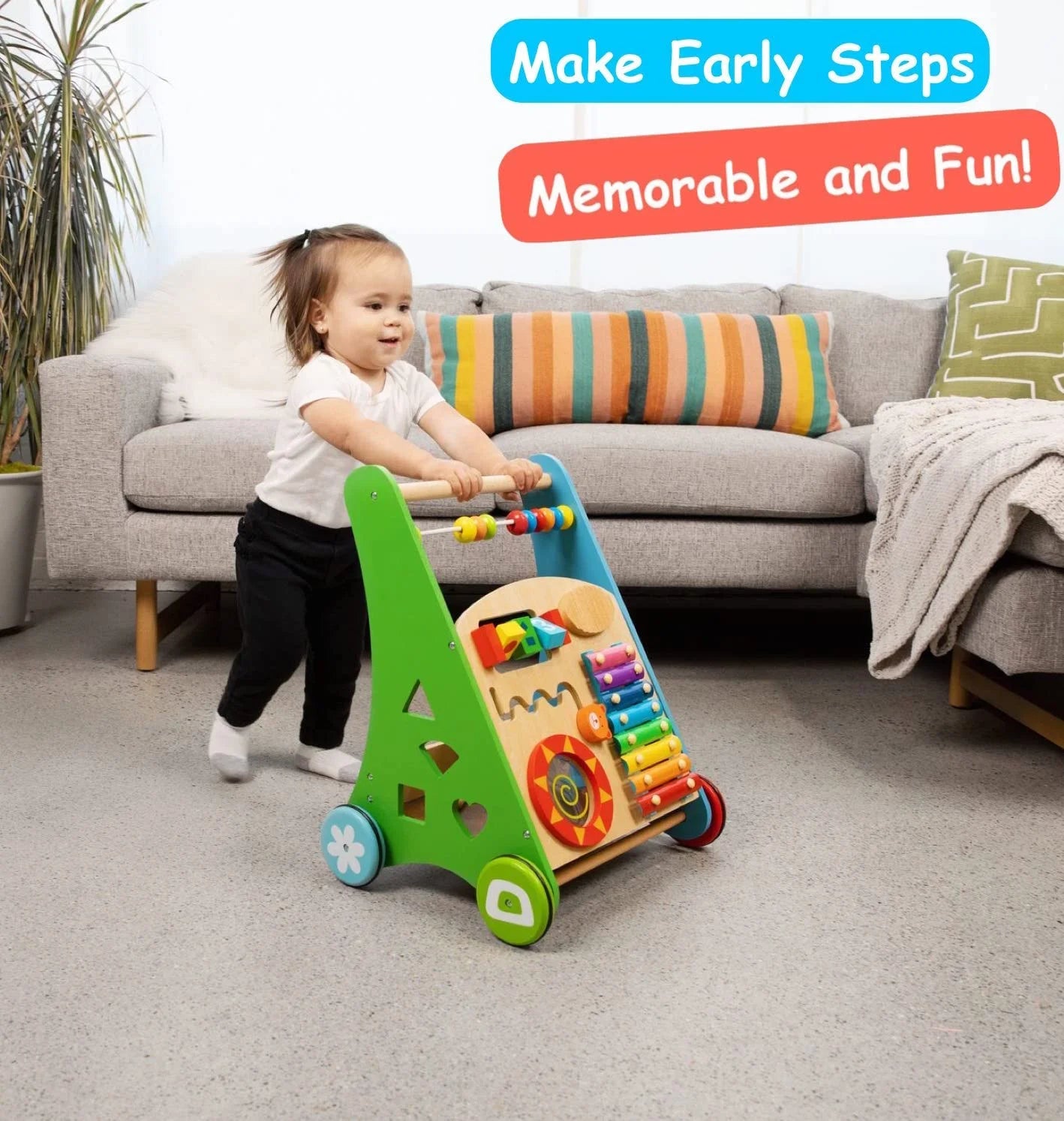 Wooden Baby Push Walker - Push and Pull Learning Walking for Boys and Girls - Multiple Activity Centre for Toddlers