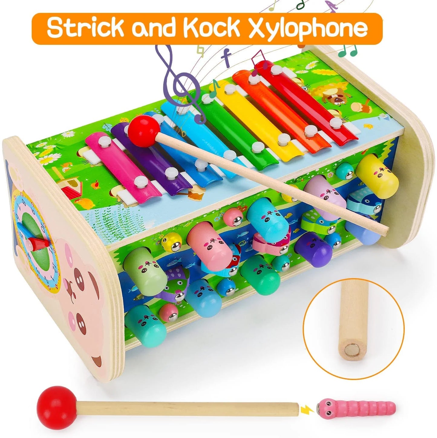 4 in 1 Hammering Pounding Toys Wooden Montessori Educational Fishing Game Xylophone Toy for 1 2 3 Year Old Baby Sensory Developmental Toy Fine Motor Skill Preschool Toddler Activities Age 1-2 2-4 Gift